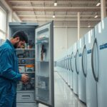 صيانة ثلاجات النهضه بجدة : فني صيانة يفحص ثلاجة داخل منزل في حي النهضة بجدة